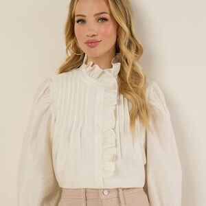Chic Cream Ruffle Button-Down Blouse